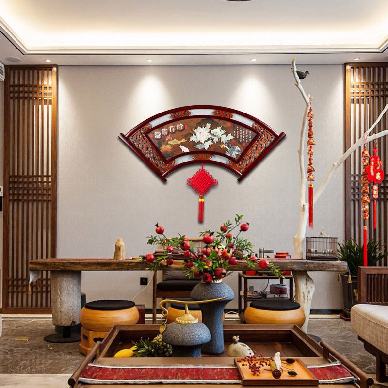 中式餐厅墙面扇形装饰画3d立体玉雕壁画中国风客厅沙发背景墙挂画