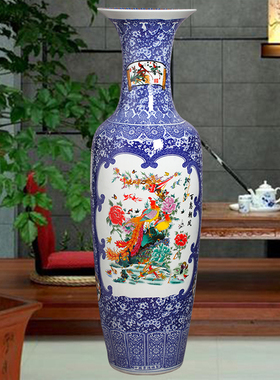 景德镇陶瓷牡丹落地大花瓶手绘百鸟朝凤青花瓷瓶酒店装饰大号摆件
