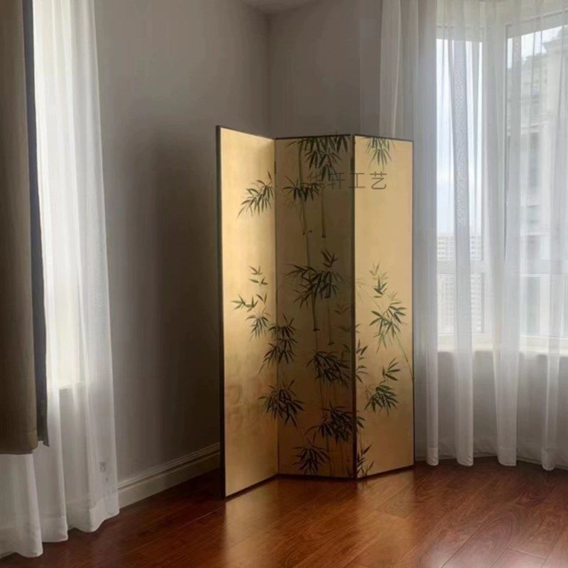 折屏屏风金箔花鸟手绘漆画隔断玄关背景墙客厅沙发卧室移动中式