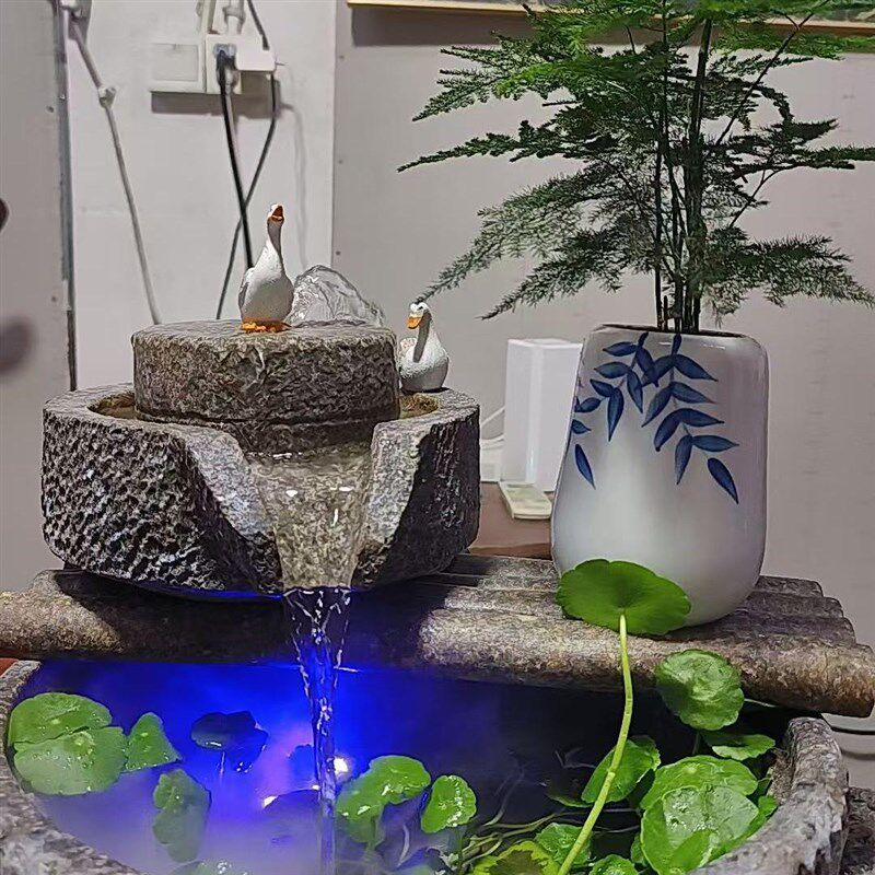 中式花缸桌面流水摆件循环鱼缸造景貔貅吐水办公室茶几书房装饰