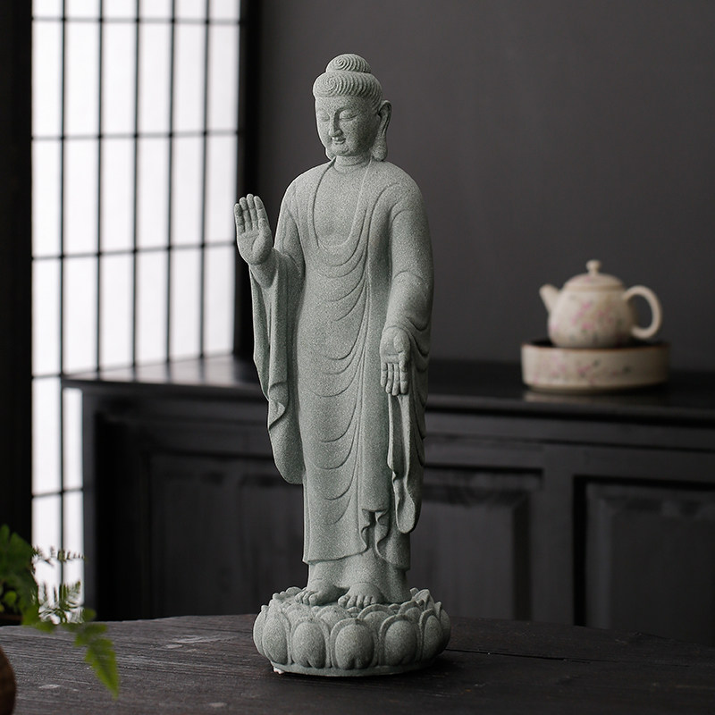 禅意新中式莲花台无畏如来大号佛像摆件家居玄关复古桌面造景装饰