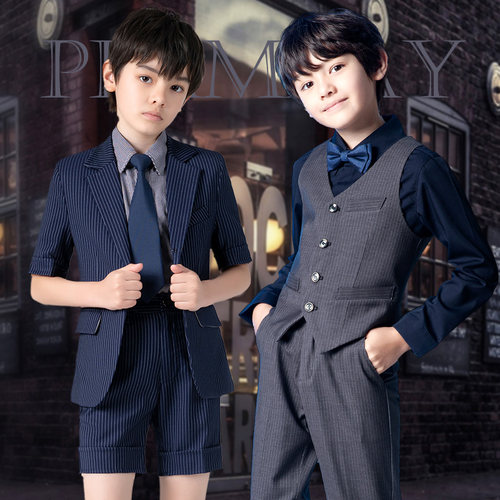 2020新款儿童西装小西服套装灰蓝条纹双排扣花童礼服男童走秀表演