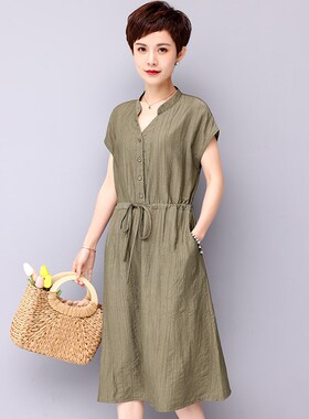 妈妈装棉麻连衣裙2024夏新款大码收腰宽松遮肉无袖中长气质女长裙