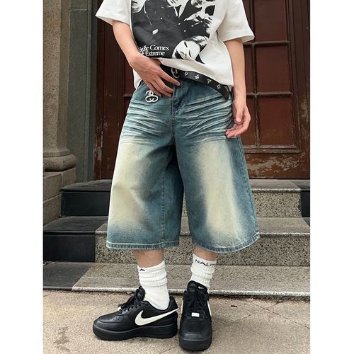 美式复古宽松水洗廓形做旧牛仔短裤男女夏日街头百搭休闲七分裤子