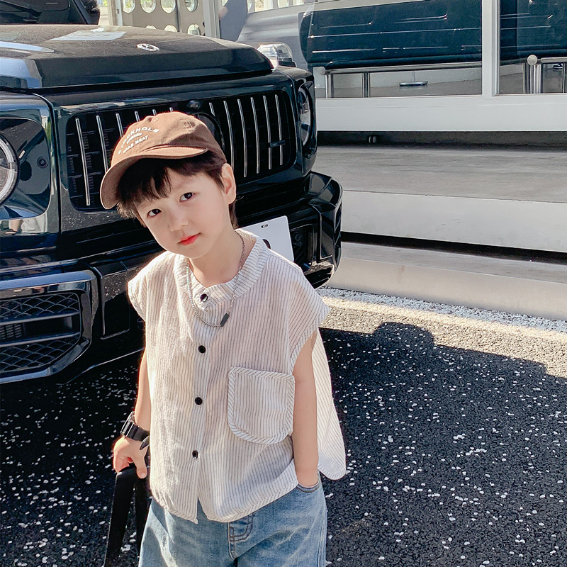 萌萌哒童装夏季男童条纹休闲衬衫儿童宝宝薄款时髦帅气背心衬衣潮图片