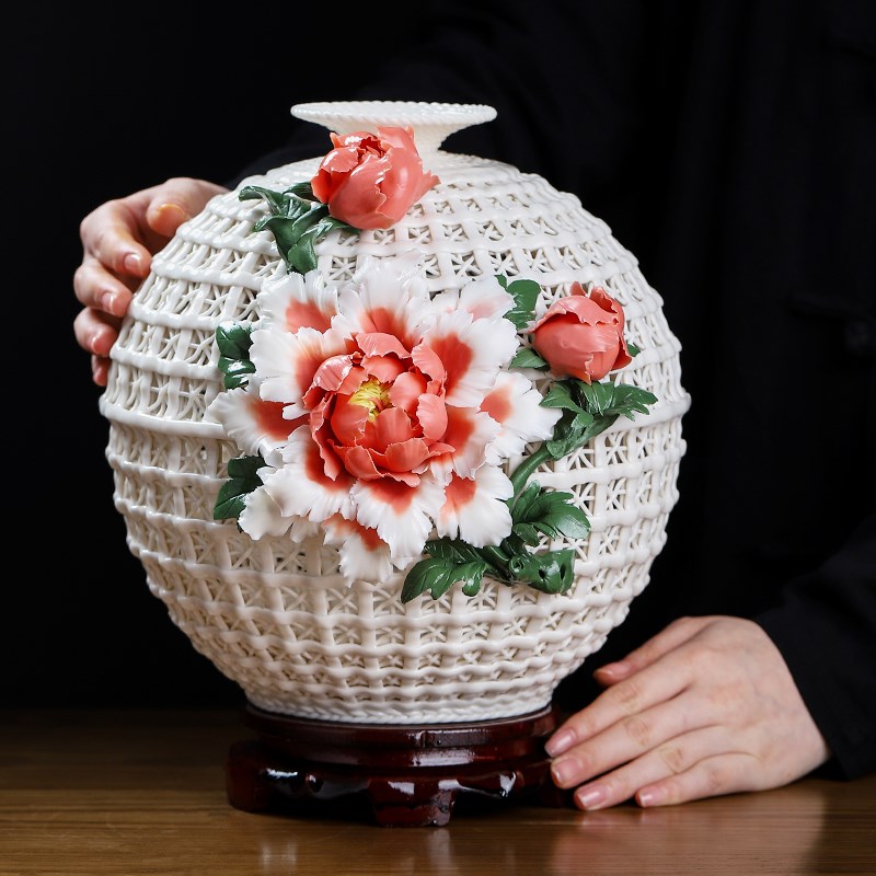 东方泥土《花开富贵》手工编织捏制花瓶客厅书房酒柜博古架装饰品
