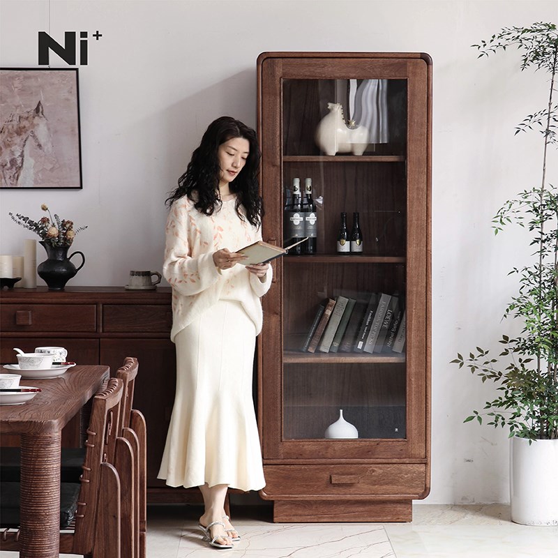 Ni+尼家实木酒柜日式玻璃门展示柜中古风客厅靠墙储物柜复古酒柜