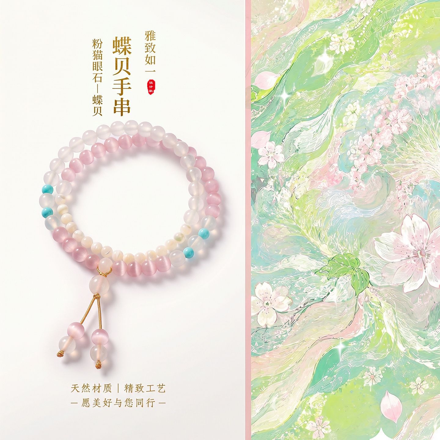 粉色猫眼石串珠手链女款2026新款国风仿绿松石白玛瑙双圈手串