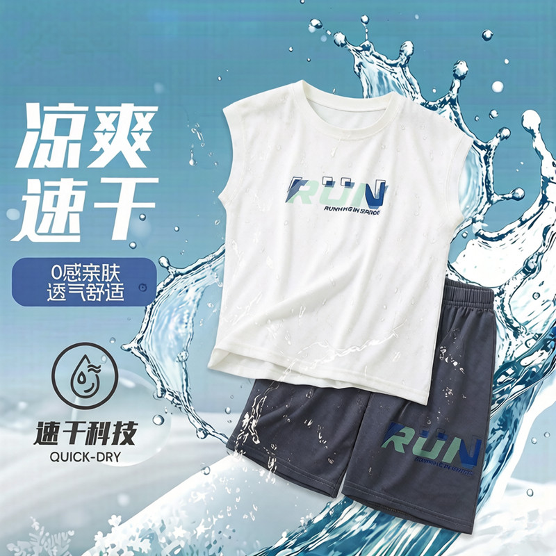 moodytiger男中大童速干冰丝背心男孩无袖背心短裤套装夏季薄款透