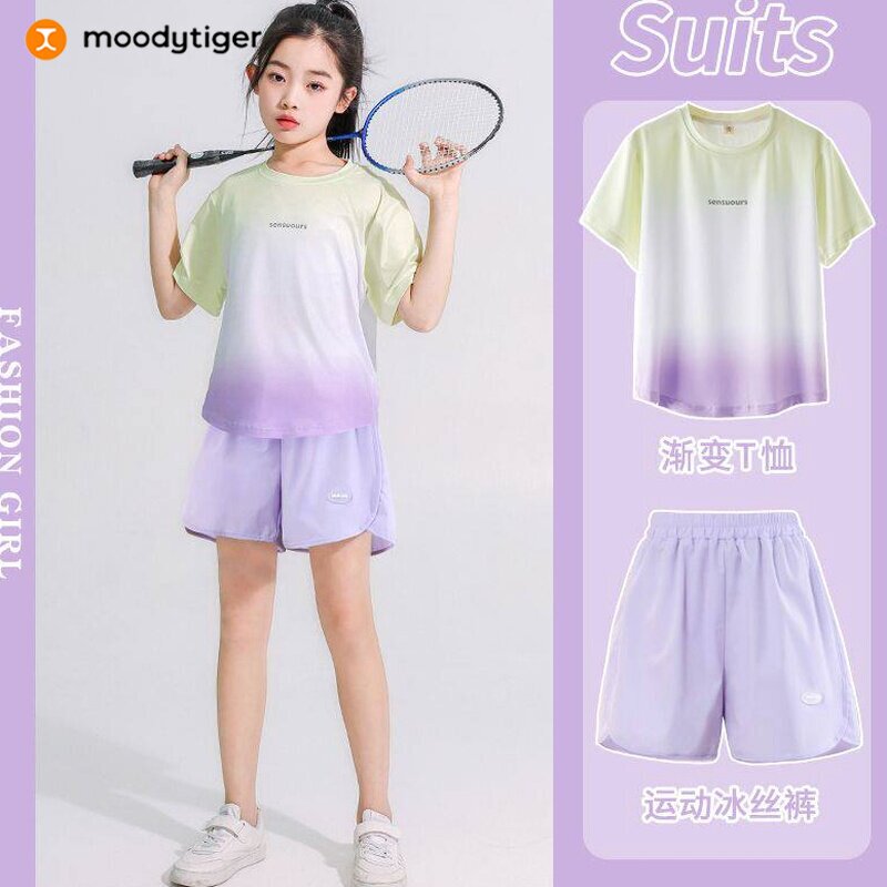 moodytiger儿童运动T恤夏季冰丝服速干衣短袖大童女童t夏装女孩20