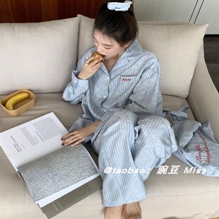 韩版简约条纹睡衣女春秋季新款高级感开衫长裤宽松学生家居服套装