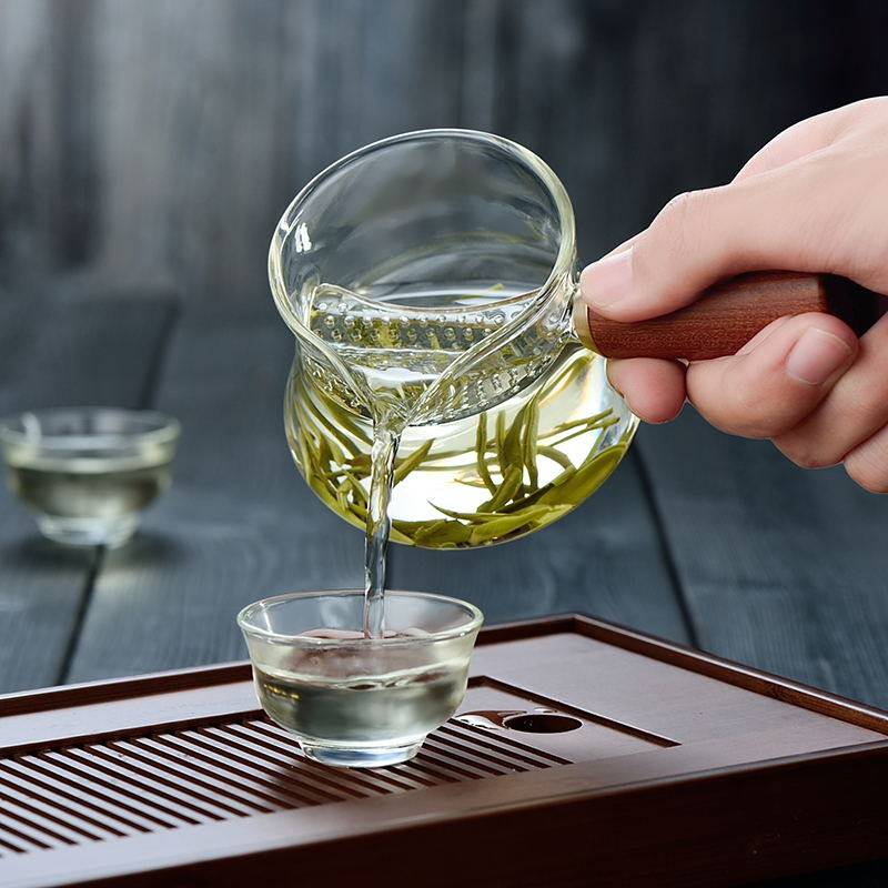耐热玻璃公杯花梨侧把滤网茶漏公道杯加厚玻璃分茶器茶海木把公杯