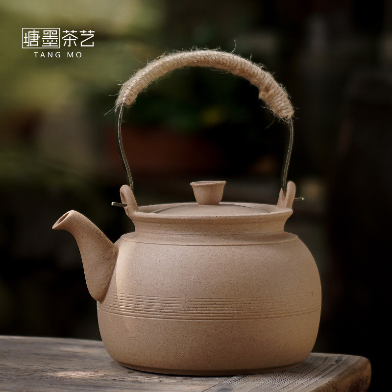日式粗陶烧水壶老严泥陶壶煮茶壶碳明火大容量提梁壶烤茶电陶围炉