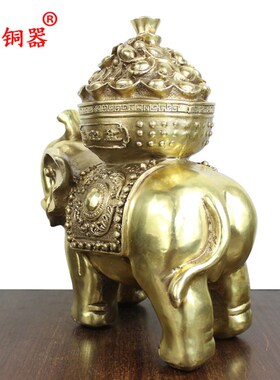 宇卓铜器黄铜象驮葫芦聚宝盆象工艺品摆件铜大象 纯铜象