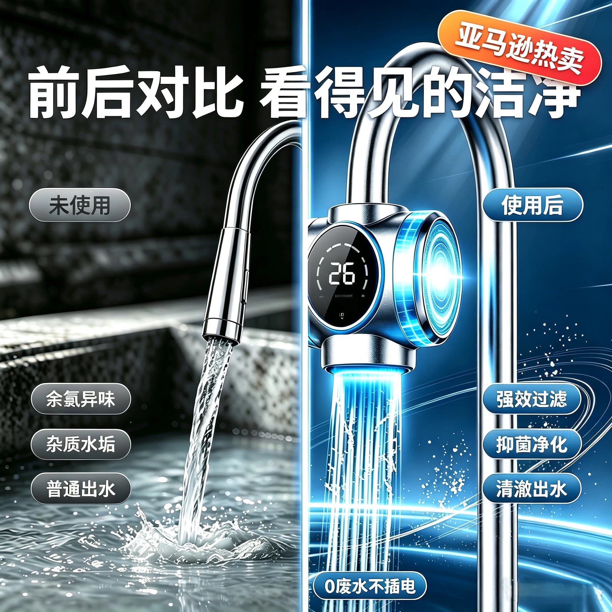 家政自来水水龙头净水器智能数显透视款过滤芯过滤杂质紫外线抑菌