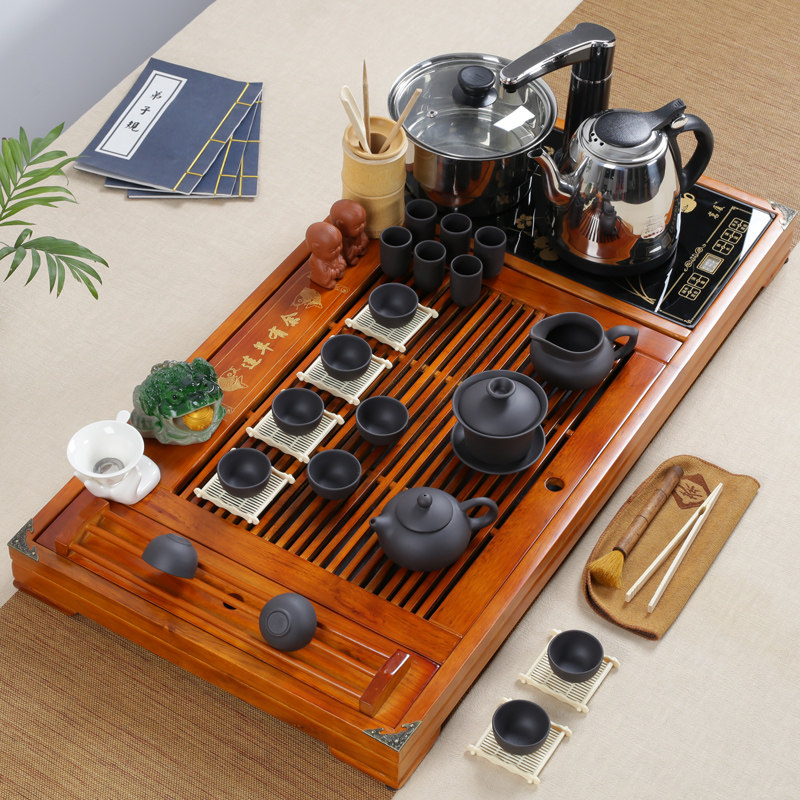 功夫茶具套装整套陶瓷玻璃家用简约实木茶盘茶海办公室泡茶全自动