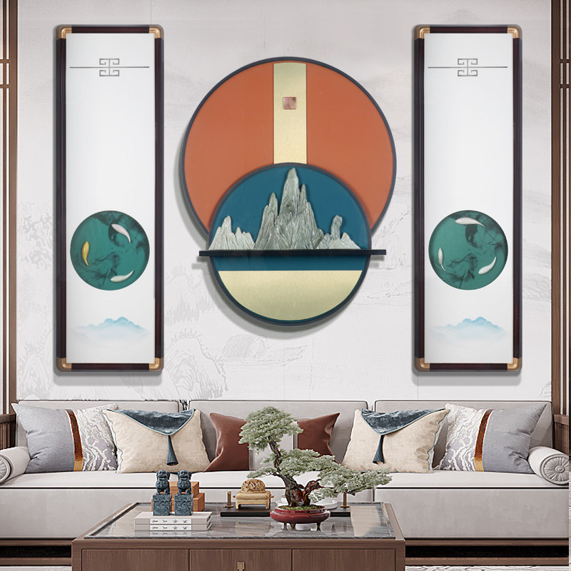 沙发背景墙装饰画轻奢客厅3联挂画新中式3d立体浮雕玉雕餐厅壁画