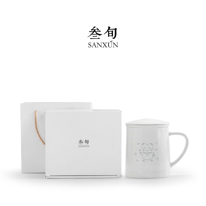 叁旬招财猫玲珑泡茶杯个人专用茶水分离杯办公室陶瓷茶杯水杯杯子