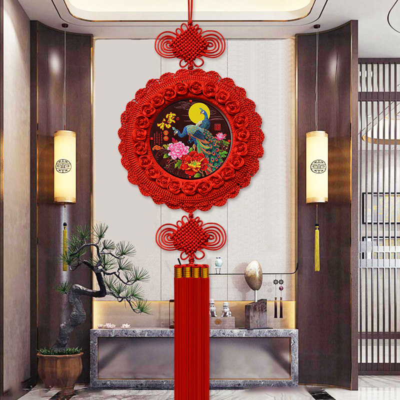 高档圆形桃木中国结大号喜字客厅挂件玄关婚庆背景墙家居喜庆装饰