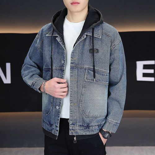 牛仔外套男青少年假两件连帽水洗复古潮牌夹克宽松上衣服春秋装