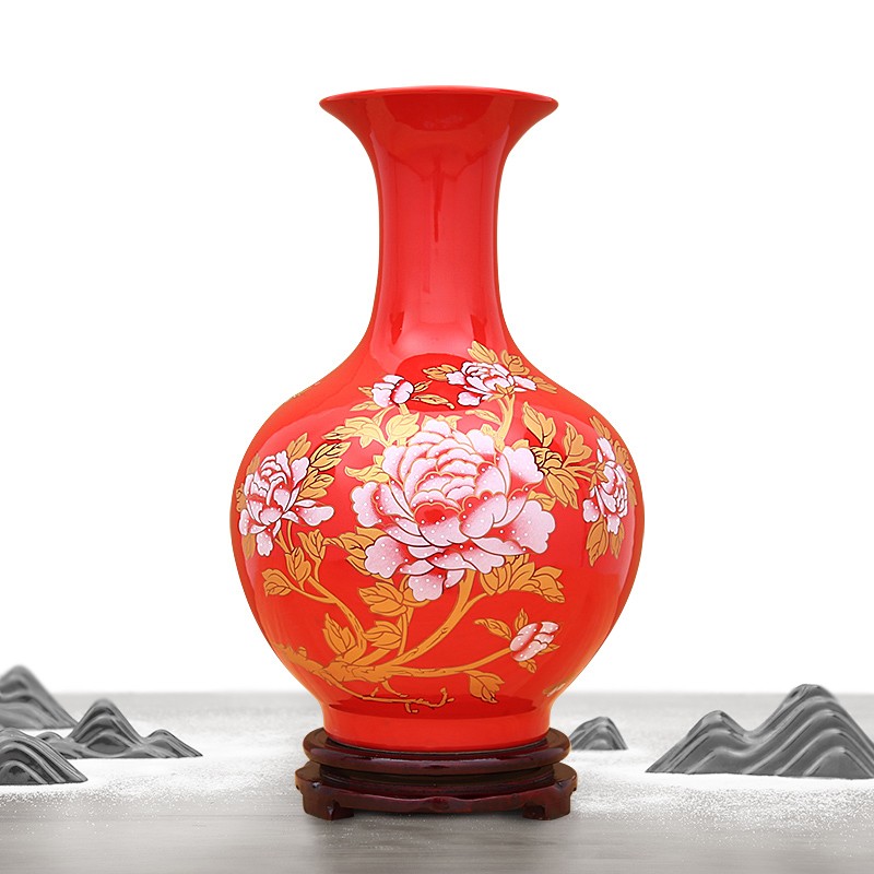 景德镇陶瓷器大号中国红色花瓶摆件客厅装饰品喜庆结婚庆工艺摆设