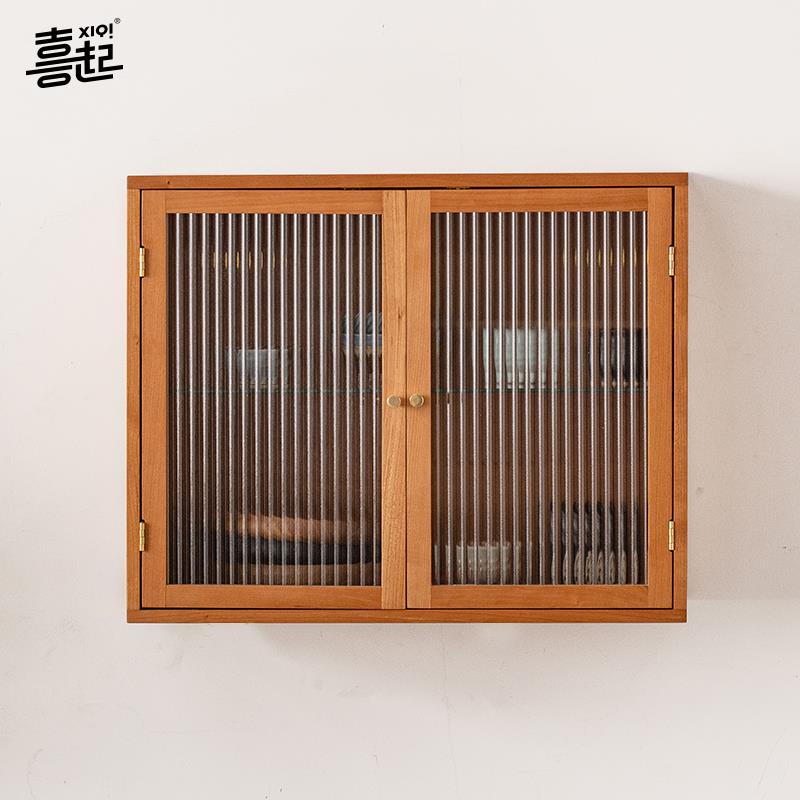 黑胡桃实木壁挂式展示柜 防尘透明水杯茶杯手办收纳盒吊柜壁柜