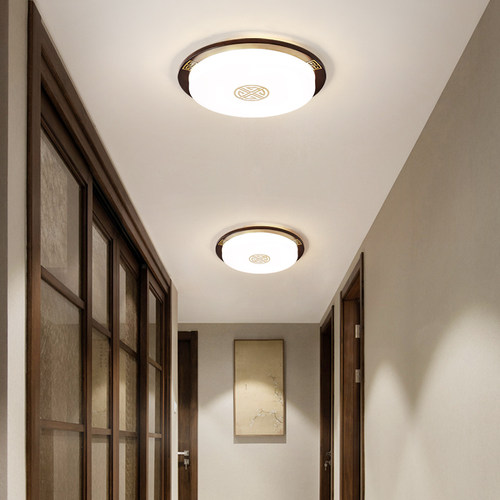新中式实木吸顶灯led过道灯圆形方形阳台灯走廊玄关入户灯具