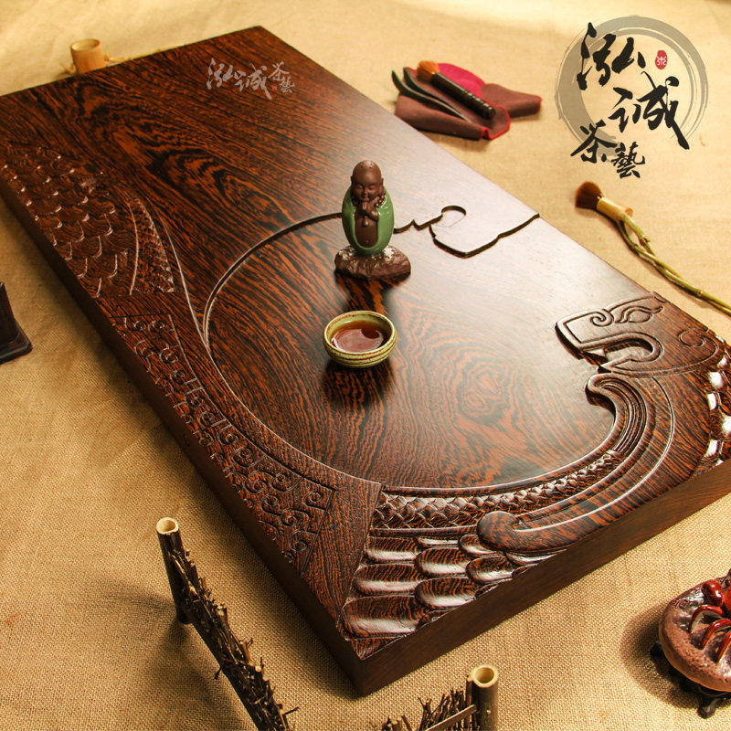 祥龙回首 特大1米长精雕鸡翅木茶盘天然原木整块实木茶海平板茶台