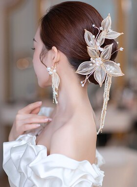 日韩时尚手工串珠娟纱花朵宴u会头饰新娘婚纱旅拍写真发饰2024新