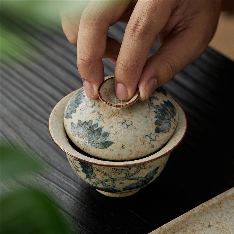 归鸿仿古缠枝莲盖碗景德镇手绘青花家用泡茶碗手工茶具套装敬茶碗