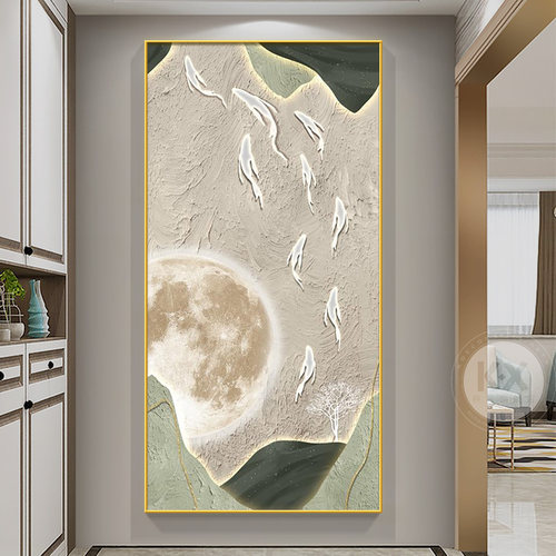 轻奢玄关玄关装饰画聚财九鱼图走廊画过道大幅壁画高级感客厅挂画