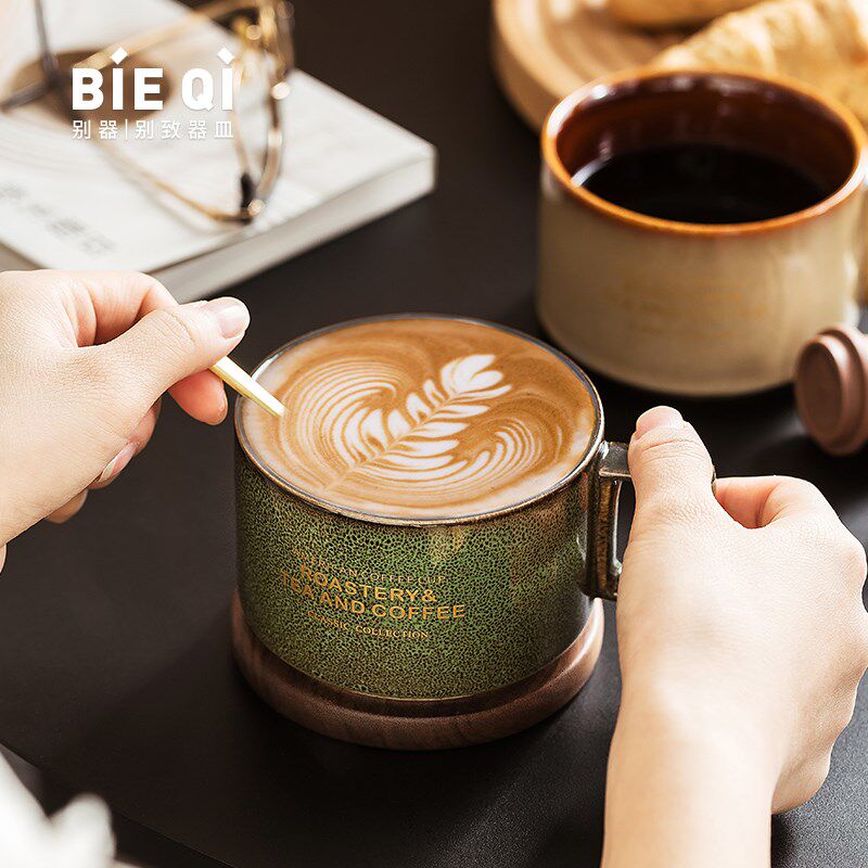 美式咖啡杯套装时尚陶瓷水杯中古马克杯带勺碟胡桃木杯托订制LOGO