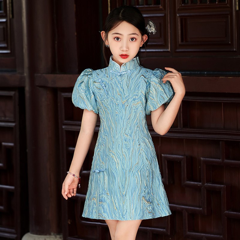 儿童旗袍礼服蓝色女宝宝洋气连衣裙女童走秀高端中国风公主裙夏季图片