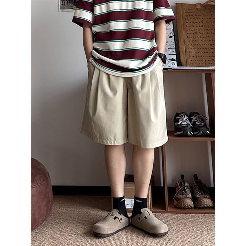 B东日系男装休闲日杂带褶顺滑五分短裤纯色百搭工装休闲西裤男