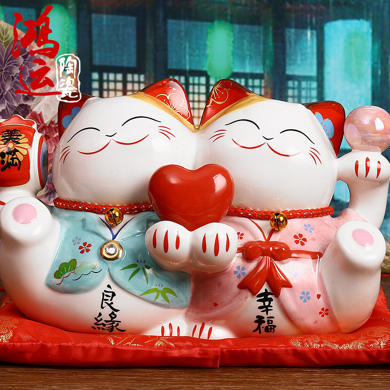 招财猫摆件 同心连理情侣猫婚庆创意结婚礼物陶瓷存钱储钱罐