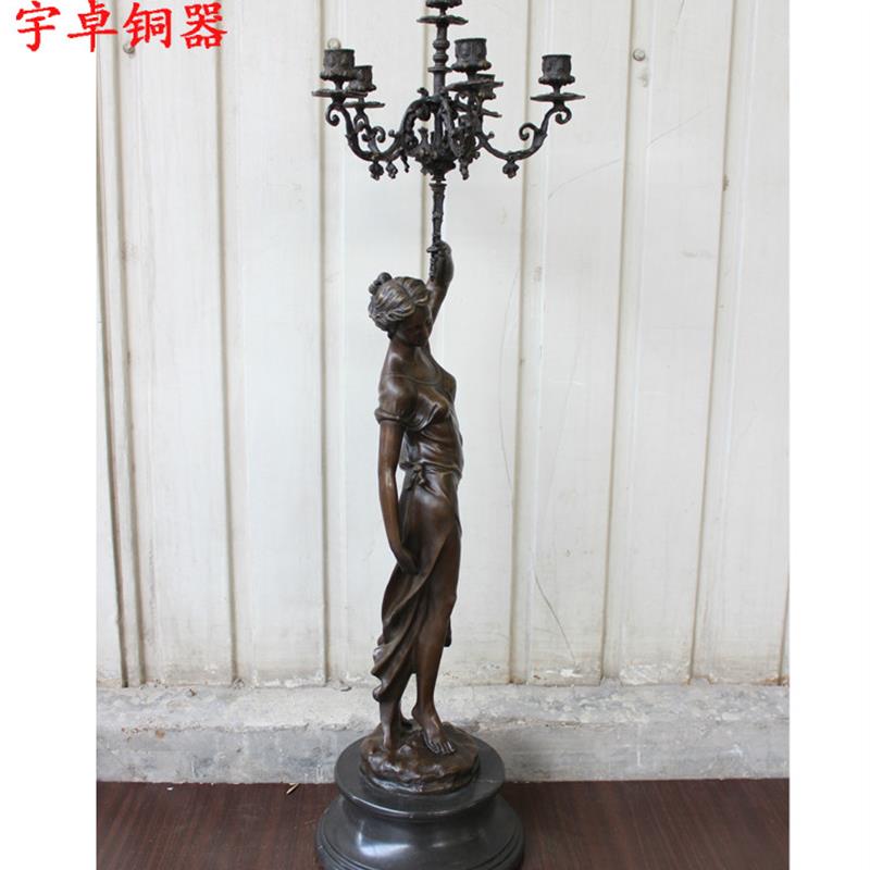 宇卓铜器 纯铜欧式烛台少女举烛台蜡台欧式风格黄铜雕塑摆件