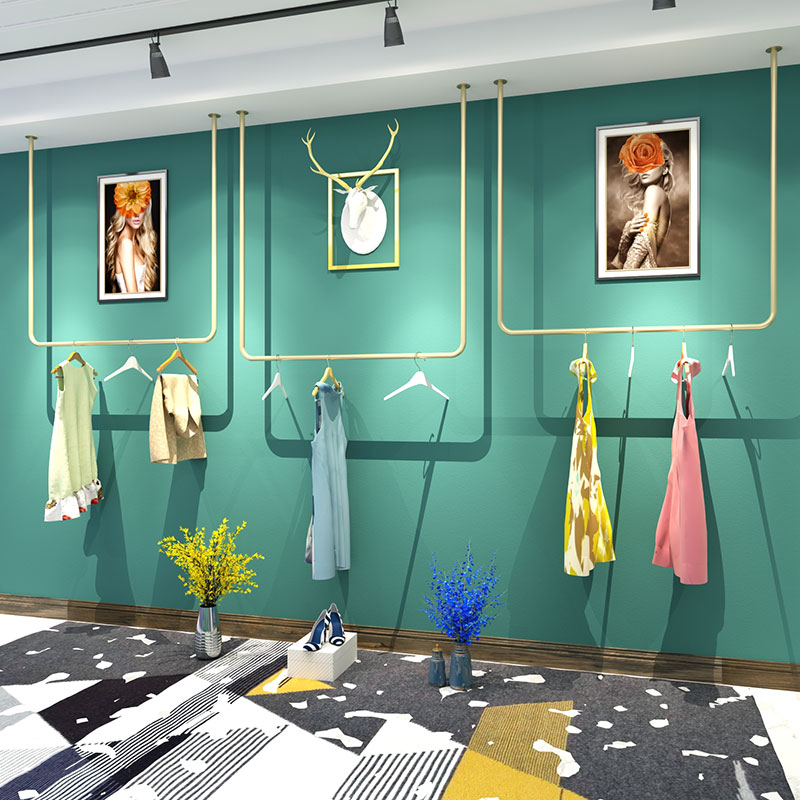 服装店男女 童装婚纱吊顶悬挂衣架上墙U形吊环展示架铁艺正侧挂金