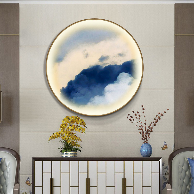 圆形带灯装饰画客厅沙发背景墙壁画云淡风轻风景玄关走廊晶瓷挂画