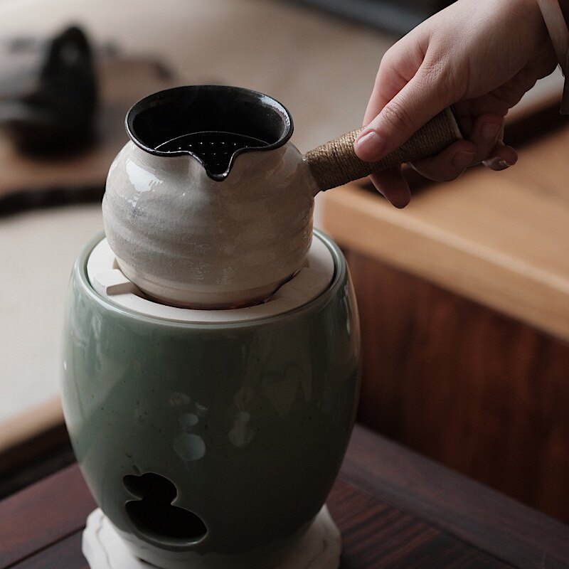 半斋 日式手工粉引侧把茶壶陶瓷茶道粗陶烤茶煮茶器围炉煮茶壶