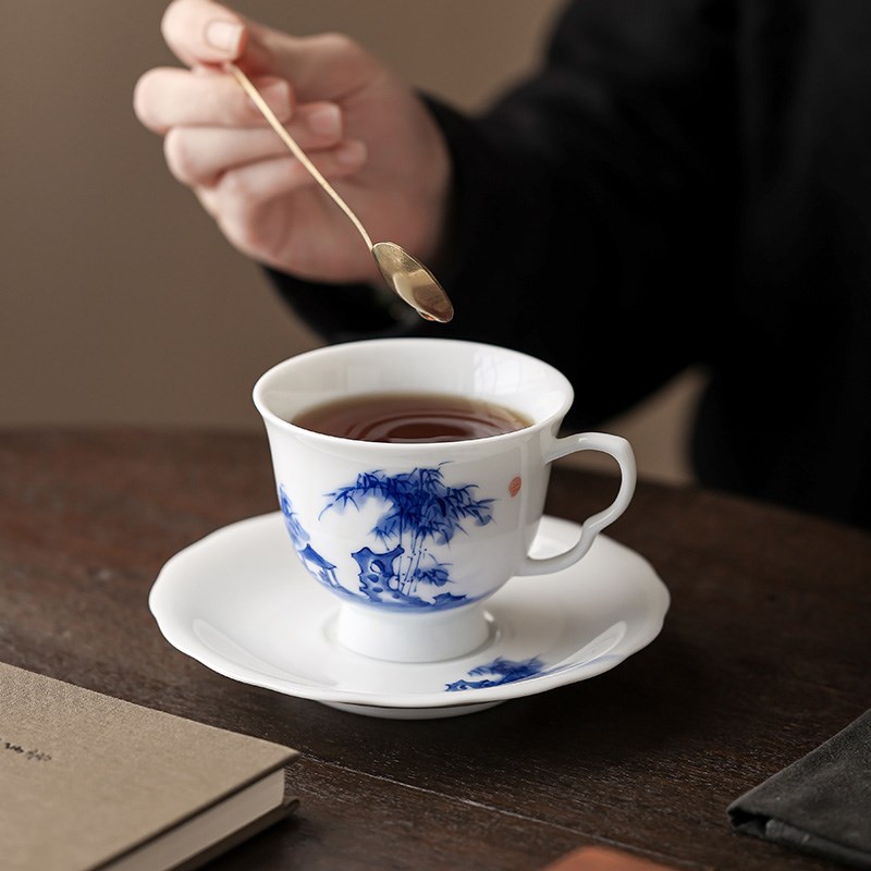 手绘竹林茶舍咖啡杯子高档精致陶瓷下午茶餐具挂耳英国茶杯早餐杯