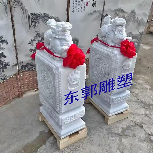 石雕汉白玉材质方形门墩抱鼓石一对中式家用别墅门口装饰雕塑摆件