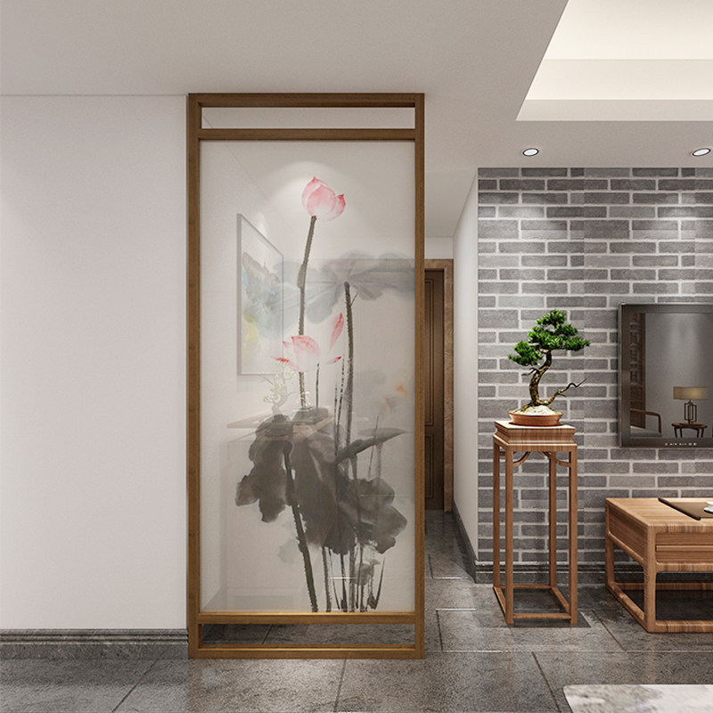 包安装中式客厅遮挡隔断实木屏风卧室房间入户餐厅荷花画玄关墙