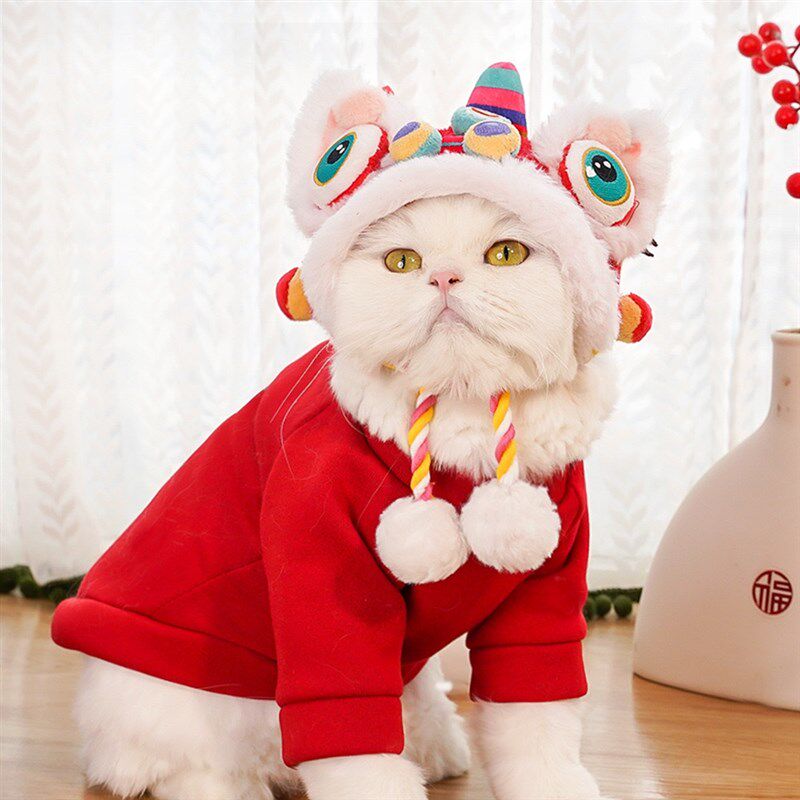 猫咪新年醒狮帽虎头帽宠物帽子狗狗舞狮头套红色喜庆龙年冬季保暖