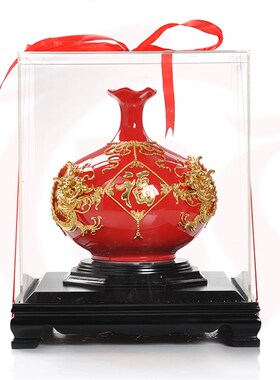 漆线雕陶瓷花瓶摆件 荷口双龙戏珠中国红开业礼品 家居装饰陶瓷摆