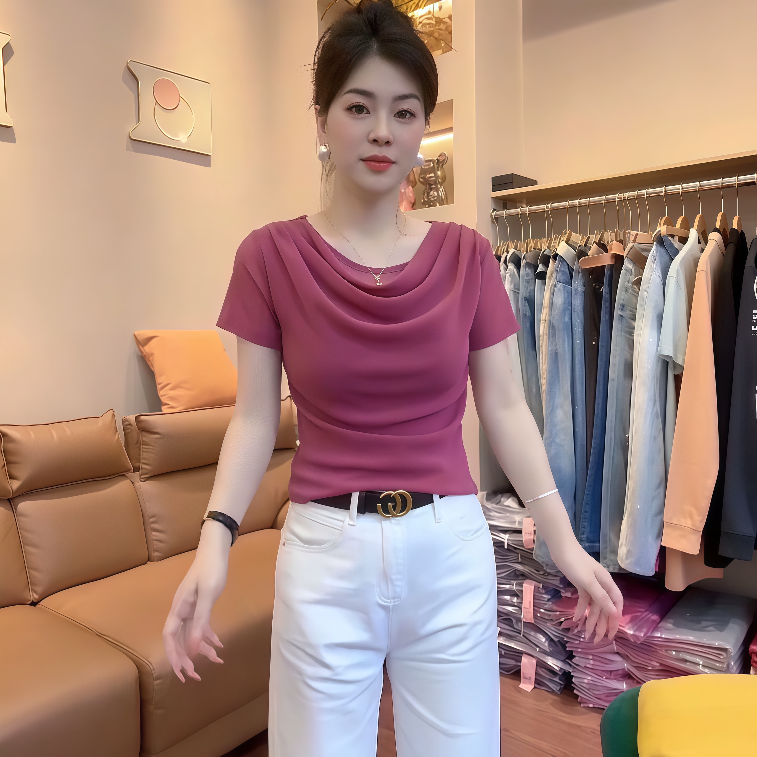2026夏季新款简约高档堆堆领修身短袖T恤女显瘦遮肉减龄百搭上衣
