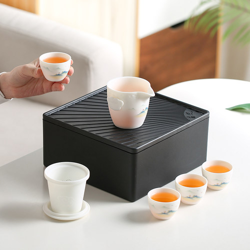 便携式户外旅行茶具素烧羊脂玉瓷一壶二四杯带茶盘茶水分离快客杯