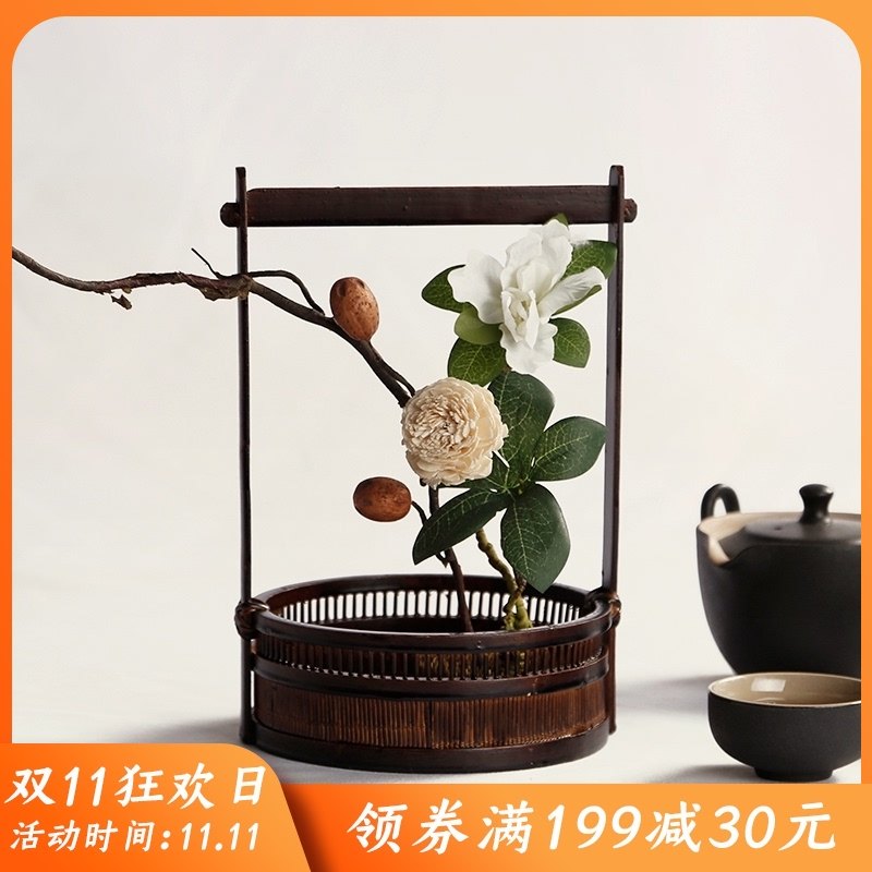 复古新中式客厅小原流竹编花器花篮花瓶干花插花日式花道禅意摆件