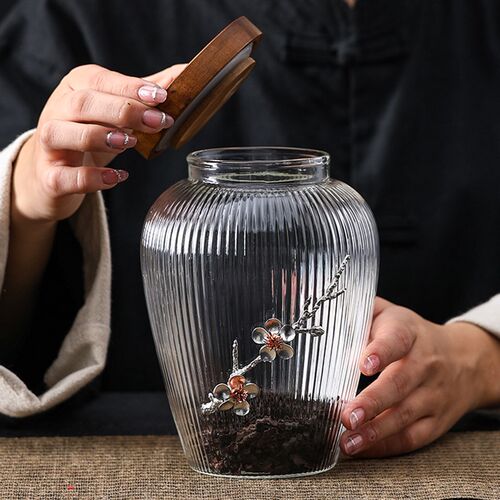 竖纹玻璃茶叶罐家用储物罐加厚收纳罐透明干果罐存茶罐保鲜密封罐