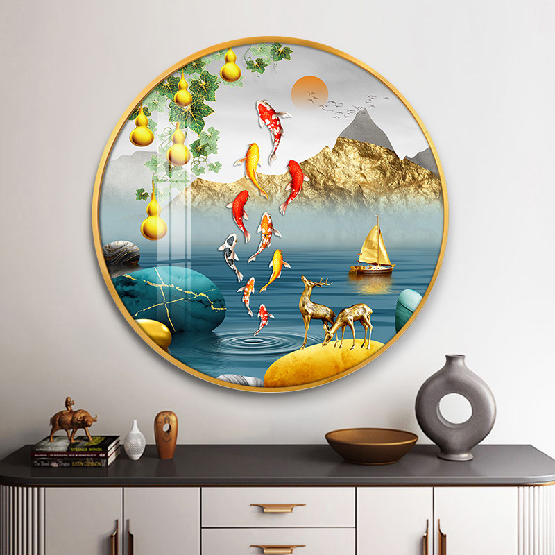 九鱼图玄关装饰画酒店餐厅过道走廊尽头圆形挂画客厅招财聚财壁画