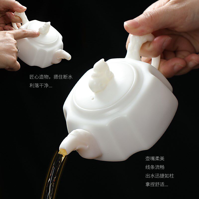 素烧白瓷茶壶单壶羊脂玉瓷手工浮雕竹节壶单个大号功夫家用泡茶壶